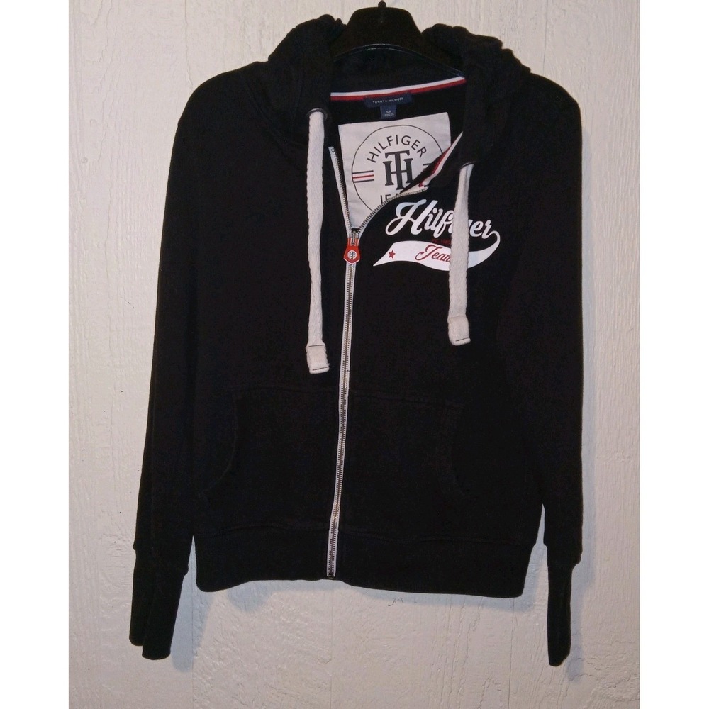 Tommy Hilfiger Jeans Hoodie Women S Black Zip Graphic Logo Fleece Sweatshirt